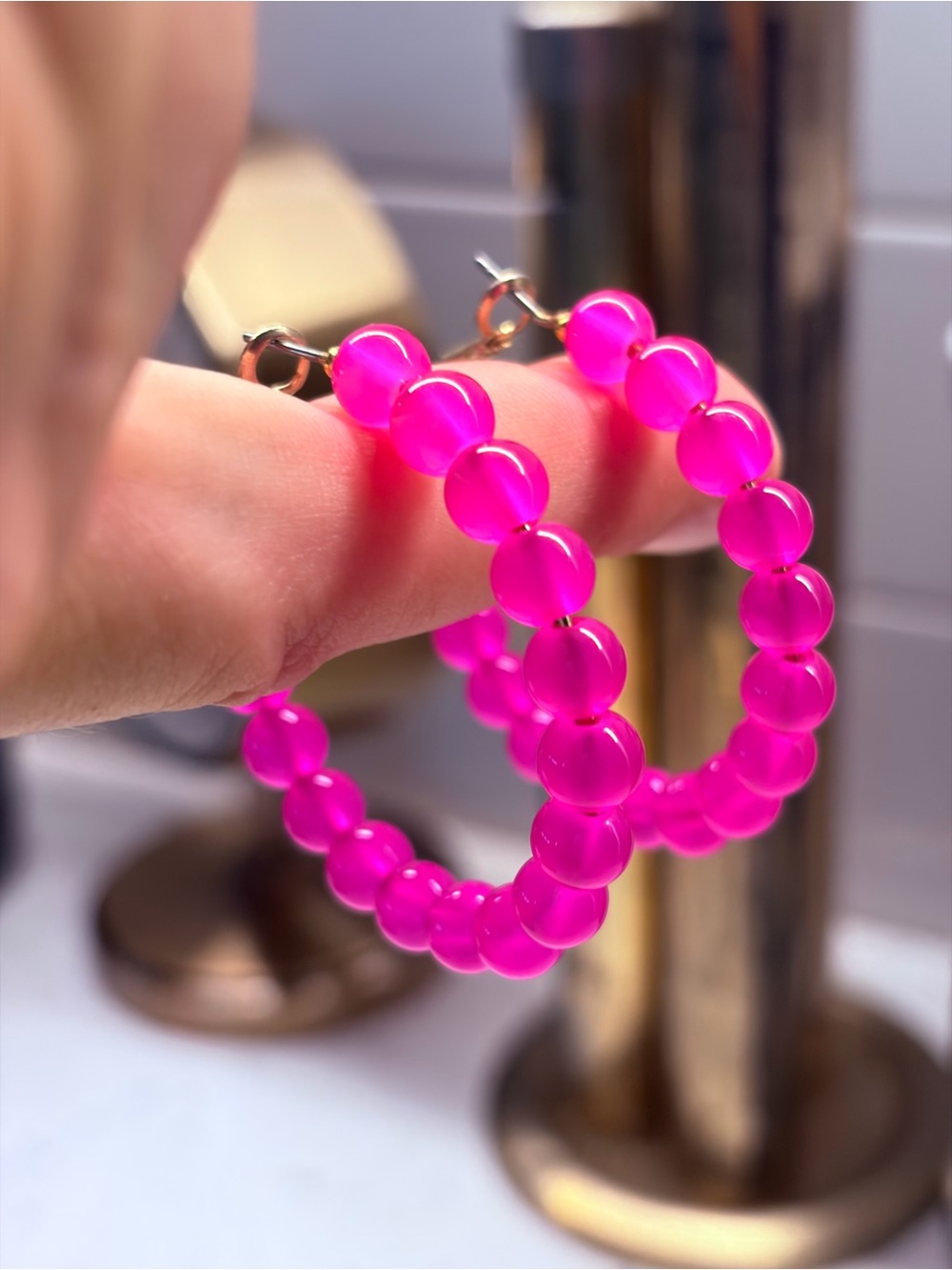Hot Pink Beaded Hoop Earrings - Women Jewelry
